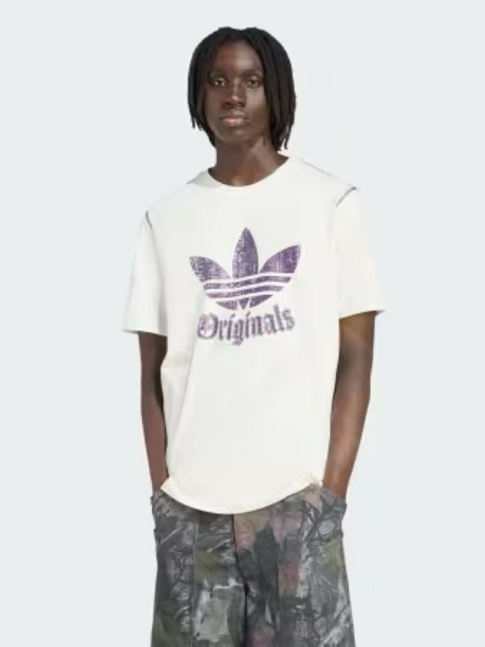 adidas Originals White Tee with Distressed Purple Trefoil